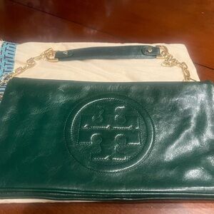 Tory Burch Forest Green Clutch with Gold Accents